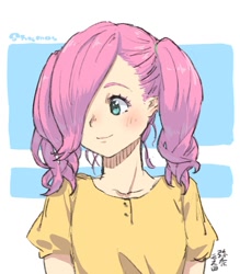 Size: 1051x1200 | Tagged: safe, artist:yanamosuda, derpibooru import, fluttershy, human, abstract background, bust, clothes, cute, dress, female, hair over one eye, humanized, shyabetes, smiling, solo