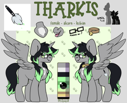 Size: 3100x2500 | Tagged: safe, artist:itsspoopsb, derpibooru import, oc, oc only, oc:tharkis, alicorn, pony, bell, bell collar, collar, fangs, female, glasses, mare, pigtails, reference sheet, smol, twintails