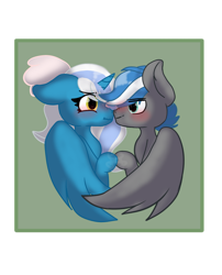 Size: 800x988 | Tagged: safe, artist:turtlezari, derpibooru import, oc, oc:cloud zapper, oc:fleurbelle, alicorn, pegasus, alicorn oc, blushing, bow, female, golden eyes, green eyes, hair bow, horn, mare, pegasus oc, shipping, wings