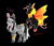 Size: 1500x1300 | Tagged: safe, artist:lepiswerid, derpibooru import, oc, oc only, oc:robyn, oc:sugarbee, changedling, changeling, zebra, annoyed, black background, changeling oc, ear piercing, earring, eyestrain warning, faded, fluffy, flying, jewelry, oc x oc, piercing, pink eyes, red eyes, shipping, simple background, story included, stripes, zebra oc