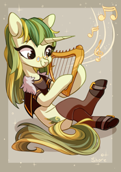 Size: 2894x4093 | Tagged: safe, artist:shore2020, derpibooru import, oc, oc only, pony, unicorn, clothes, female, glasses, lyre, mare, musical instrument, socks, solo