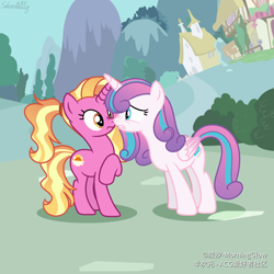 Size: 1650x1650 | Tagged: safe, artist:morningglow, derpibooru import, luster dawn, princess flurry heart, alicorn, unicorn, duo, female, mare, older, older flurry heart