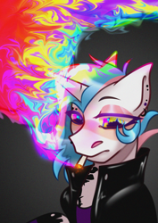 Size: 2171x3070 | Tagged: safe, artist:caesarproduction, derpibooru import, oc, oc only, oc:harmony note, pony, unicorn, black background, cigarette, clothes, colored sclera, commission, drug use, drugged, drugs, ear piercing, earring, eyeshadow, female, jacket, jewelry, leather jacket, makeup, mare, piercing, raised hoof, simple background, smok, smoking, socks, solo, striped socks, tanktop, tattoo, torn clothes, trans girl, transgender, ych result