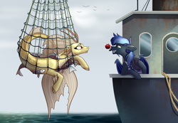 Size: 1730x1200 | Tagged: safe, artist:28gooddays, derpibooru import, adagio dazzle, oc, oc:sonic lullaby, bat pony, bird, fish, pony, seagull, siren, bat pony oc, bat wings, boat, canon x oc, clothes, cloud, commission, female, fishing, fishing boat, fishing net, flower, flower in mouth, hat, lesbian, looking at each other, mare, mouth hold, net, ocean, odd love?, rope, rose, rose in mouth, sailor, sky, sonicdazzle, surprised, tanktop, water, wet, wings, ych result
