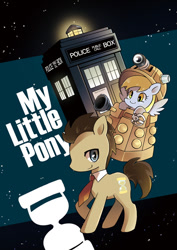 Size: 504x713 | Tagged: safe, artist:a-nup, derpibooru import, derpy hooves, doctor whooves, earth pony, pegasus, pony, crossover, dalek, doctor who, duo, female, male, mare, stallion, tardis