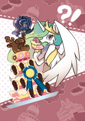 Size: 500x714 | Tagged: safe, artist:a-nup, derpibooru import, princess celestia, princess luna, alicorn, pony, mmmystery on the friendship express, bust, cake, cakelestia, cute, donut, duo, eating, exclamation point, female, food, interrobang, mare, marzipan mascarpone meringue madness, open mouth, question mark, ribbon, royal sisters, sisters