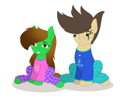 Size: 2314x1836 | Tagged: safe, artist:dyonys, derpibooru import, oc, oc:lucky brush, oc:night chaser, clothes, female, freckles, husband and wife, luckychaser, male, mare, pajamas, scar, simple background, sitting, sleepy, stallion, tired, transparent background