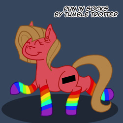 Size: 800x800 | Tagged: safe, artist:tumble-trotter, derpibooru import, oc, oc:pun, earth pony, pony, ask, ask pun, clothes, female, mare, rainbow socks, socks, solo, striped socks