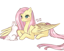 Size: 3500x2800 | Tagged: source needed, safe, artist:kawurin, derpibooru import, angel bunny, fluttershy, pegasus, pony, rabbit, animal, female, looking at each other, male, mare, prone, redraw, simple background, simple shading, solo, white background