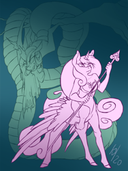 Size: 540x720 | Tagged: safe, artist:broeckchen, derpibooru import, princess cadance, queen chrysalis, centaur, changeling, changeling queen, lamia, original species, ponytaur, centaurified, lamiafied, spear, species swap, weapon