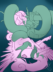 Size: 540x731 | Tagged: safe, artist:broeckchen, derpibooru import, princess cadance, queen chrysalis, centaur, changeling, changeling queen, lamia, original species, ponytaur, centaurified, coils, lamiafied, species swap