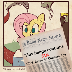 Size: 1836x1836 | Tagged: safe, alternate version, artist:tjpones, derpibooru import, discord, fluttershy, draconequus, pegasus, pony, bee movie, bee movie script, blackletter, censored, discoshy, explicit source, female, grin, male, open mouth, shipping, smiling, straight, style emulation