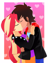 Size: 2354x3128 | Tagged: safe, artist:xan-gelx, derpibooru import, sunset shimmer, oc, equestria girls, canon x oc, clothes, commission, eyes closed, female, high res, kissing, male, pants, shipping, skirt, straight