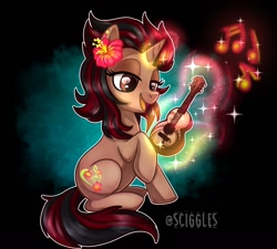 Size: 1280x1154 | Tagged: safe, artist:sciggles, derpibooru import, oc, oc:missmele, pony, unicorn, abstract background, female, glowing horn, horn, magic, mare, musical instrument, open mouth, sitting, ukulele