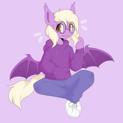 Size: 2000x2000 | Tagged: safe, artist:vert_glamis, derpibooru import, oc, oc only, oc:pinkfull night, anthro, bat pony, anthro oc, bat pony oc, bat wings, clothes, cute, cute little fangs, ear tufts, fangs, female, filly, glasses, hoodie, jeans, looking at you, nervous, ocbetes, pants, pink background, shoes, shy, simple background, sitting, slit eyes, smiling, sneakers, solo, spread wings, sweater, teenager, wings