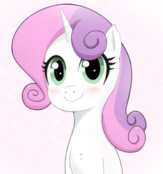 Size: 1080x1152 | Tagged: safe, artist:tenklop, derpibooru import, sweetie belle, pony, unicorn, blushing, bust, cute, diasweetes, female, filly, portrait, simple background, smiling, solo, white background