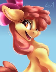 Size: 3186x4096 | Tagged: safe, artist:artsgalinn, artist:galinn-arts, derpibooru import, apple bloom, earth pony, pony, adorabloom, chest fluff, cute, ear fluff, female, filly, fluffy, happy, looking at you, looking back, solo, thick eyebrows, tooth gap