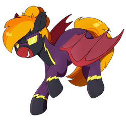 Size: 1000x950 | Tagged: safe, artist:crimmharmony, derpibooru import, oc, oc only, oc:moonatik, bat pony, pony, art trade, bat pony oc, bat wings, clothes, costume, flying, goggles, hair bun, male, mane bun, raised hoof, shadowbolts, shadowbolts costume, simple background, smiling, solo, stallion, transparent background, wings