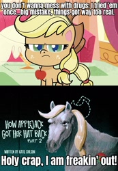 Size: 996x1437 | Tagged: safe, derpibooru import, edit, edited screencap, screencap, applejack, earth pony, horse, pony, how applejack got her hat back, my little pony: pony life, spoiler:pony life s01e04, apple, applejack is not amused, caption, crying, family guy, female, food, hoers, image macro, implied drug use, mare, monochrome, narrowed eyes, realistic, solo, text, title card, treehouse logo, unamused
