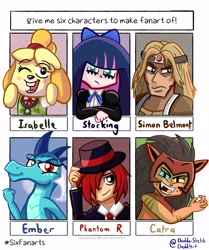 Size: 3000x3582 | Tagged: safe, artist:chedd4rt, derpibooru import, princess ember, dog, dragon, human, anarchy stocking, animal crossing, bust, castlevania, catra, clothes, crossover, dragoness, female, fist bump, hat, isabelle, male, one eye closed, open mouth, panty and stocking with garterbelt, phantom r, rhythm thief, rythm thief and the emperor's treasure, she-ra and the princesses of power, simon belmont, six fanarts, smiling, wink