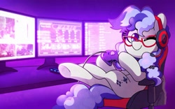 Size: 1131x707 | Tagged: safe, artist:dawnfire, derpibooru import, oc, oc only, oc:cinnabyte, earth pony, pony, adorkable, chair, computer, controller, cute, dork, female, gamecube controller, gaming chair, gaming headset, gaming monitor, glasses, headphones, headset, mare, monitor, one eye closed, smiling, wink