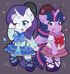 Size: 1024x1086 | Tagged: safe, artist:kingkero, derpibooru import, rarity, twilight sparkle, alicorn, pony, semi-anthro, unicorn, blushing, clothes, cosplay, costume, crossover, female, lesbian, rarilight, shipping