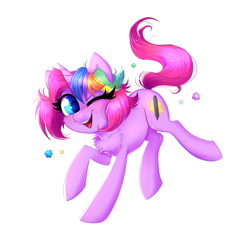 Size: 2387x2297 | Tagged: safe, artist:confetticakez, derpibooru import, oc, oc:techy, pony, unicorn, candy, chest fluff, female, food, konpeito, mare, one eye closed, simple background, smiling, solo, white background, wink