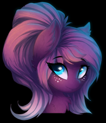 Size: 346x400 | Tagged: safe, artist:a-lunar-eclipse, derpibooru import, oc, oc only, pony, bust, ear fluff, eye clipping through hair, female, freckles, looking at you, mare, portrait, purple, smiling