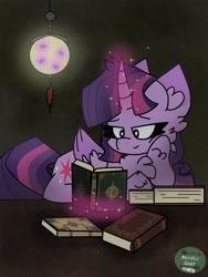 Size: 1536x2048 | Tagged: safe, artist:nordicgoat, derpibooru import, twilight sparkle, twilight sparkle (alicorn), alicorn, pony, book, chest fluff, ear fluff, female, folded wings, hoof on cheek, hoof on chin, lamp, lying down, magic, prone, reading, relaxing, solo, wings