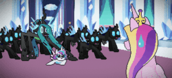 Size: 1050x480 | Tagged: safe, alternate version, artist:2snacks, derpibooru import, princess cadance, princess flurry heart, queen chrysalis, alicorn, changeling, changeling queen, pony, animated, army, crystal castle, female, get stick bugged lol, gif, mare, meme, perfect loop, pixel art, sweat, sweatdrop, they're everywhere, wat