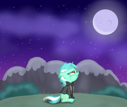 Size: 2505x2115 | Tagged: safe, artist:background basset, derpibooru exclusive, derpibooru import, lyra heartstrings, unicorn, fanfic:background pony, clothes, crying, dig the swell hoodie, edgy, hoodie, moon, solo