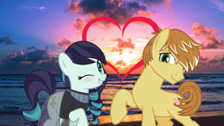 Size: 2064x1161 | Tagged: safe, derpibooru import, coloratura, feather bangs, beach, cloud, colorabangs, duet, female, heart, lyrics in the description, male, ocean, one eye closed, scenery, shipping, sky, smiling, song reference, straight, summer, sun, sunset, water, wave, wink, youtube link