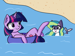 Size: 1924x1457 | Tagged: safe, artist:artiks, derpibooru import, twilight sparkle, oc, oc:marina (efnw), pony, atg 2020, beach, everfree northwest, female, inner tube, mare, newbie artist training grounds, pale belly, water