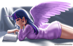 Size: 1000x630 | Tagged: safe, artist:racoonsan, derpibooru import, twilight sparkle, twilight sparkle (alicorn), alicorn, human, alicorn humanization, bed, book, female, horn, horned humanization, humanized, prone, reading, solo, spread wings, winged humanization, wings