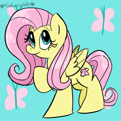 Size: 800x800 | Tagged: safe, artist:mirabuncupcakes15, derpibooru import, fluttershy, pegasus, pony, female, folded wings, looking at you, mare, raised hoof, smiling, solo, standing, three quarter view, wings