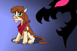 Size: 1800x1200 | Tagged: safe, artist:redahfuhrerking, derpibooru import, arizona cow, cow, them's fightin' herds, bandana, cloven hooves, female, gradient background, sad, solo