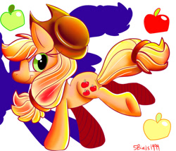 Size: 810x692 | Tagged: safe, artist:5birds1999, derpibooru import, applejack, earth pony, pony, apple, applebucking, cute, female, food, jackabetes, mare, profile, simple background, solo, white background