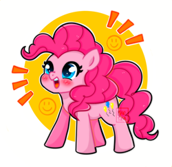 Size: 900x873 | Tagged: safe, artist:meqiopeach, derpibooru import, pinkie pie, earth pony, pony, abstract background, balloon, blushing, cute, diapinkes, digital art, happy, paint, pink, puffy tail, simple background, smiling, solo, yellow