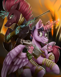 Size: 1600x2000 | Tagged: safe, artist:lordofthefeathers, derpibooru import, fizzlepop berrytwist, tempest shadow, twilight sparkle, twilight sparkle (alicorn), alicorn, pony, unicorn, alternate hairstyle, apocalypse, armor, bandage, bandolier, bipedal, broken horn, bullet, chest fluff, double barreled shotgun, duo, ear fluff, female, fire, glowing horn, grenade, grin, gun, handgun, hoof shoes, horn, levitation, magic, mare, pistol, scar, shotgun, smiling, sparking horn, telekinesis, weapon