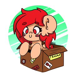 Size: 1824x1824 | Tagged: safe, artist:minty joy, derpibooru import, oc, pony, blush sticker, blushing, box, chibi, circle background, cute, pony in a box, red eyes, red mane, simple background, solo, ych result