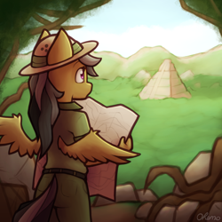 Size: 2000x2000 | Tagged: safe, artist:ohemo, derpibooru import, daring do, anthro, pegasus, atg 2020, clothes, explorer, explorer outfit, female, high res, map, newbie artist training grounds, pyramid, solo, temple