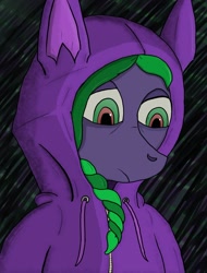 Size: 1280x1685 | Tagged: safe, artist:robipony, derpibooru import, mane-iac, earth pony, pony, alternate hairstyle, braided ponytail, clothes, dark background, female, hoodie, mable mane, mare, ponytail, power ponies universe, purple, villainess