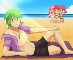 Size: 3056x2500 | Tagged: safe, artist:riouku, derpibooru import, apple bloom, scootaloo, spike, sweetie belle, human, abs, barefoot, beach, bikini, blushing, chibi, clothes, commission, crusadespike, cutie mark crusaders, feet, female, humanized, jewelry, male, necklace, older, older spike, sand, scootaspike, shipping, shirt, spikebelle, spikebloom, straight, stupid sexy spike, swimsuit, water