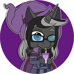 Size: 2000x2000 | Tagged: safe, artist:nyurora, derpibooru import, oc, oc:silent dawn, anthro, unicorn, anthro oc, chibi, cute, drink, glasses, hat, male, ocbetes, soda, winking at you, wizard hat