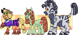 Size: 2703x1220 | Tagged: safe, artist:spudsmcfrenzy, derpibooru import, applejack, tree hugger, oc, oc:kiburi, earth pony, pony, zebra, alternate design, cloven hooves