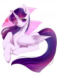 Size: 1819x2369 | Tagged: safe, artist:angelique angel, derpibooru import, twilight sparkle, twilight sparkle (alicorn), alicorn, pony, abstract background, chest fluff, colored hooves, cute, female, heart, leg fluff, looking at you, mare, no pupils, one eye closed, open mouth, pixiv, prone, solo, twiabetes, wink