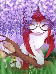 Size: 1536x2048 | Tagged: safe, artist:30clock, derpibooru import, blossom, oc, oc only, earth pony, pony, armpits, bandana, cutie mark, duo, female, flower, glasses, grass, open mouth, tree