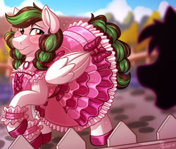 Size: 2868x2436 | Tagged: safe, artist:sugaryviolet, derpibooru import, oc, oc only, oc:kibbie, pegasus, pony, blushing, clothes, commission, crossdressing, dress, fence, male, raised hoof, silhouette, solo focus, walking, wavy mouth