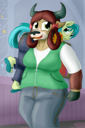 Size: 1888x2820 | Tagged: safe, artist:sixes&sevens, derpibooru import, sandbar, yona, anthro, earth pony, plantigrade anthro, yak, breasts, busty yona, carrying, clothes, cute, female, flip-flops, jacket, male, sandabetes, school of friendship, shipping, size difference, straight, this will end in snu snu, yonabar, yonadorable