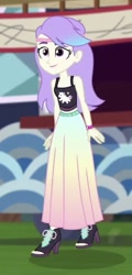 Size: 287x600 | Tagged: safe, derpibooru import, screencap, snow flower, better together, equestria girls, sunset's backstage pass!, clothes, cropped, female, high heels, long skirt, shoes, skirt, sleeveless, solo, tanktop, toes